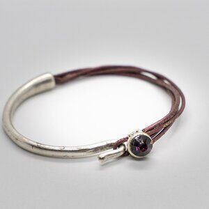 Silver tone and Leather bracelet with smokey quartz stone